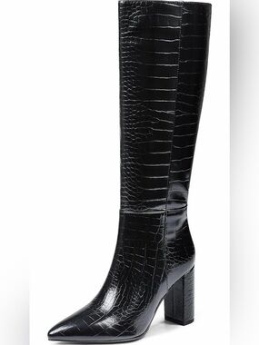 Women’s Knee High Boots with Zipper Chunky Block Heel Black Size 7.5